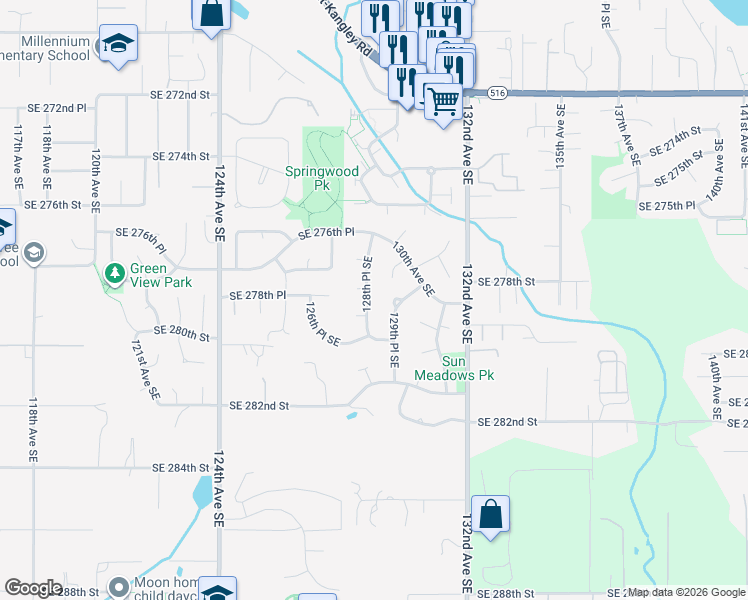 map of restaurants, bars, coffee shops, grocery stores, and more near 12904 Southeast 278th Street in Kent