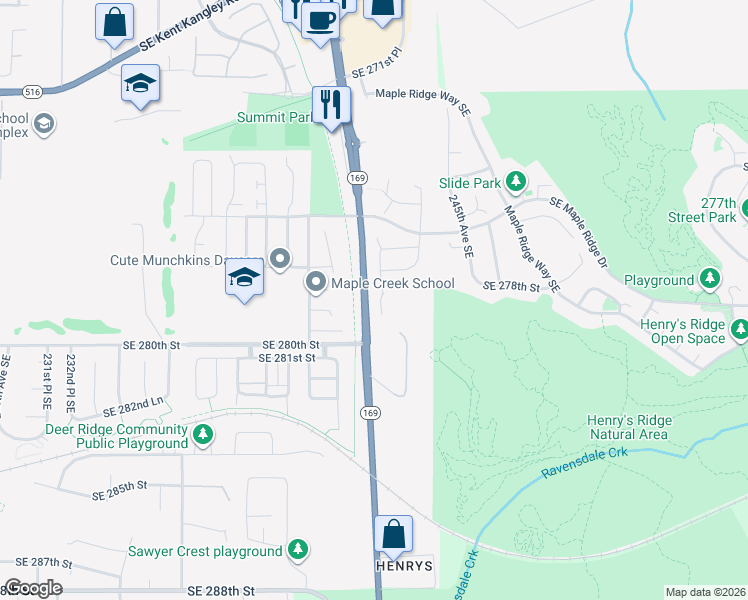 map of restaurants, bars, coffee shops, grocery stores, and more near 27835 242nd Place Southeast in Maple Valley