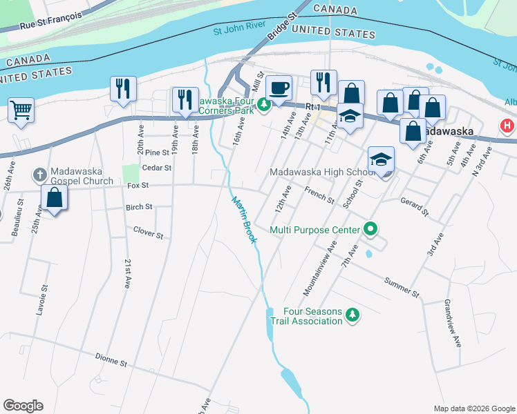 map of restaurants, bars, coffee shops, grocery stores, and more near 174 13th Avenue in Madawaska