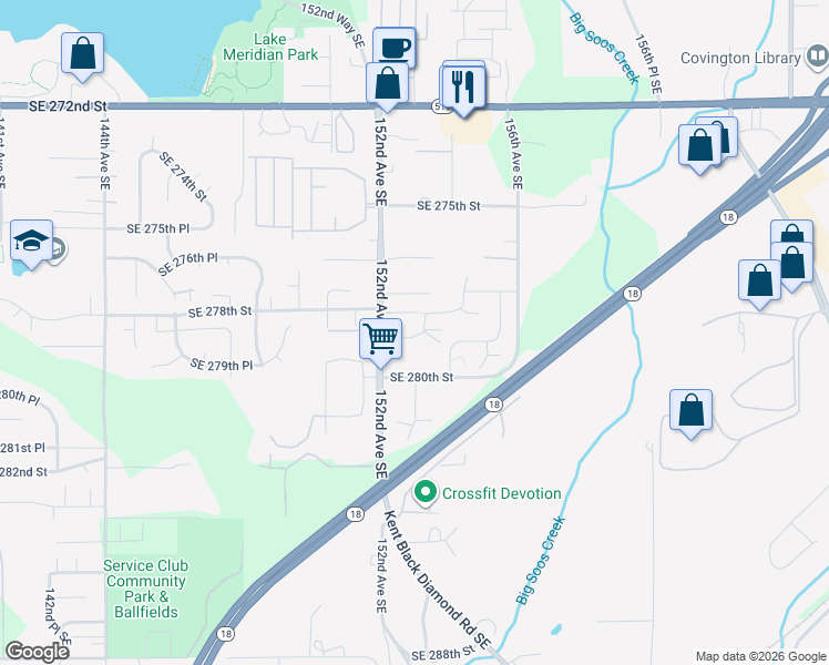 map of restaurants, bars, coffee shops, grocery stores, and more near 27809 153rd Place Southeast in Kent