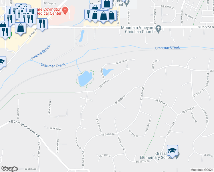 map of restaurants, bars, coffee shops, grocery stores, and more near 18301 Southeast 279th Place in Kent