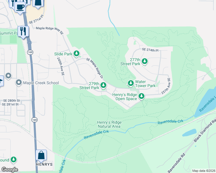map of restaurants, bars, coffee shops, grocery stores, and more near 24972 Southeast 279th Street in Maple Valley