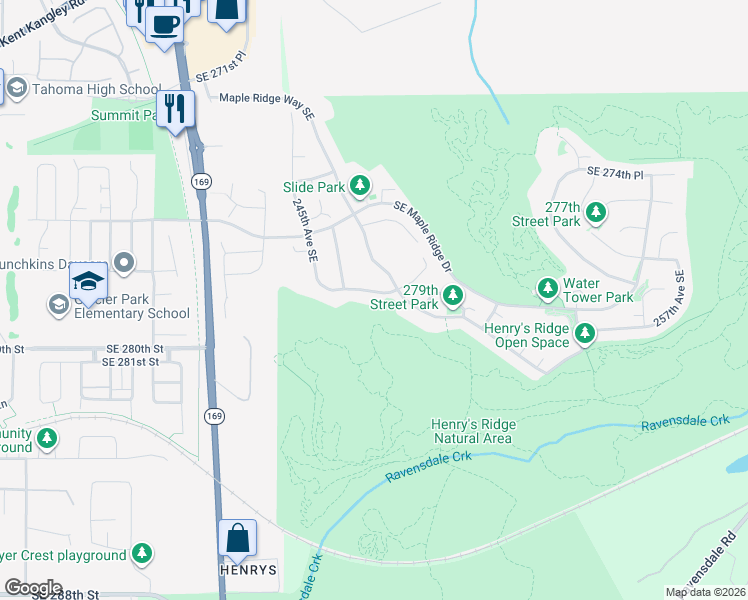 map of restaurants, bars, coffee shops, grocery stores, and more near 24709 Southeast 278th Street in Maple Valley