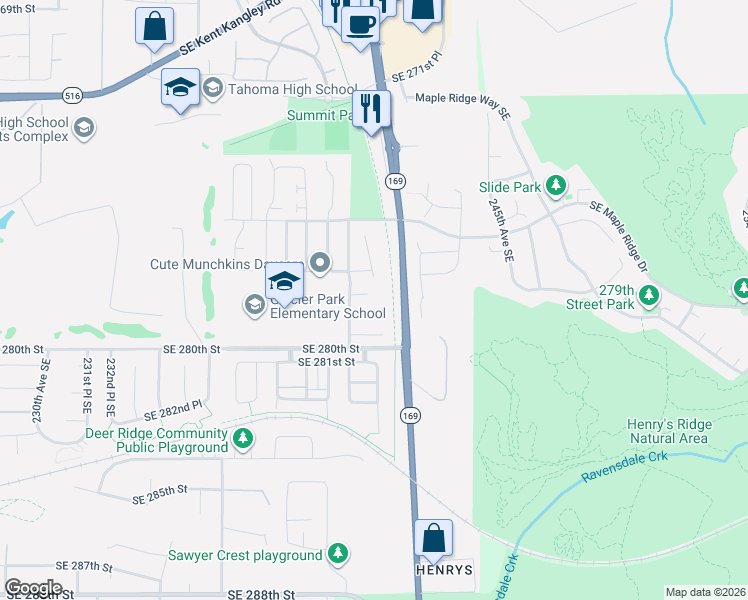 map of restaurants, bars, coffee shops, grocery stores, and more near 24036 Southeast 279th Street in Maple Valley