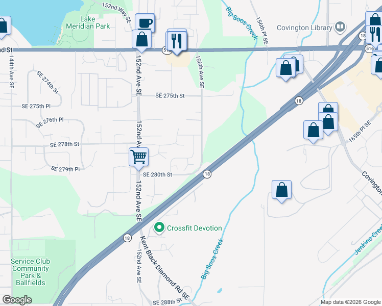 map of restaurants, bars, coffee shops, grocery stores, and more near 27823 155th Lane Southeast in Kent