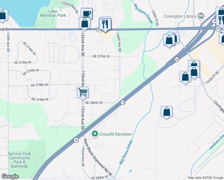 map of restaurants, bars, coffee shops, grocery stores, and more near 27823 155th Lane Southeast in Kent