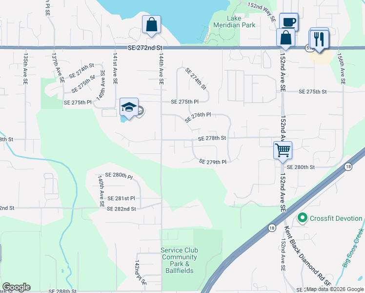 map of restaurants, bars, coffee shops, grocery stores, and more near 27826 145th Avenue Southeast in Kent