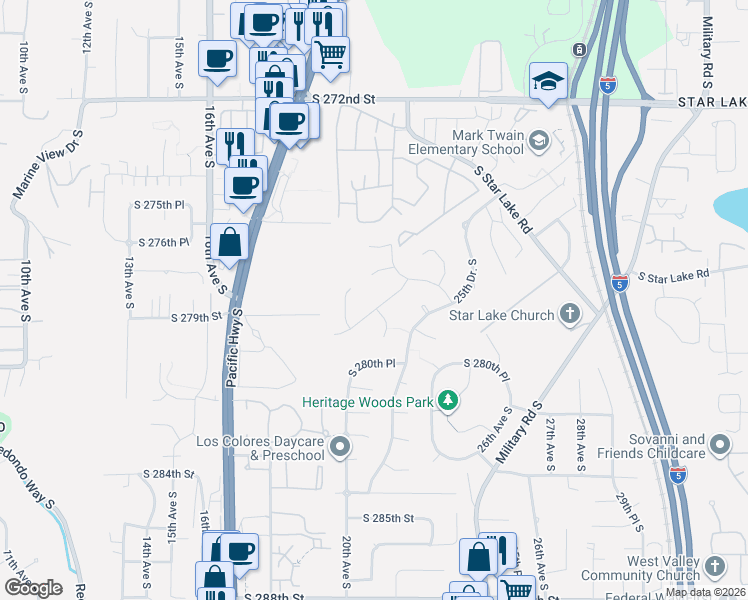 map of restaurants, bars, coffee shops, grocery stores, and more near 2111 South 279th Place in Federal Way