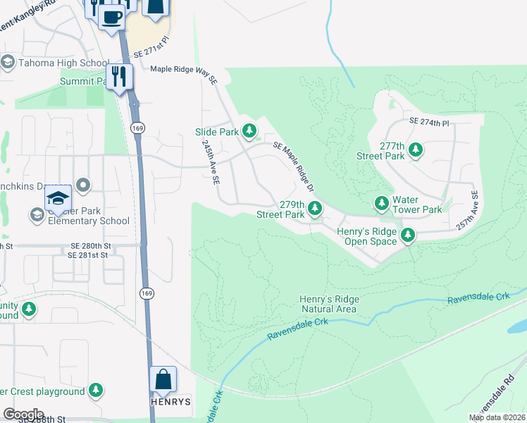 map of restaurants, bars, coffee shops, grocery stores, and more near 24709 Southeast 278th Street in Maple Valley