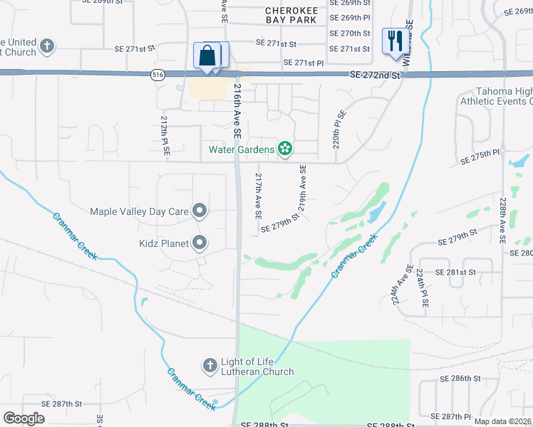 map of restaurants, bars, coffee shops, grocery stores, and more near 21710 Southeast 279th Street in Maple Valley