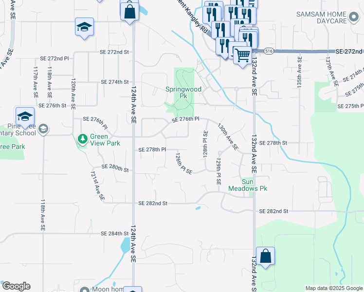 map of restaurants, bars, coffee shops, grocery stores, and more near 12702 Southeast 278th Place in Kent