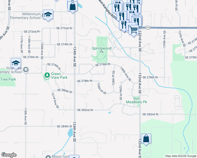 map of restaurants, bars, coffee shops, grocery stores, and more near 12624 Southeast 278th Place in Kent