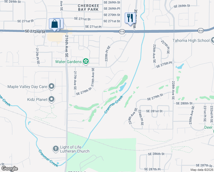 map of restaurants, bars, coffee shops, grocery stores, and more near 22017 Southeast 277th Street in Maple Valley