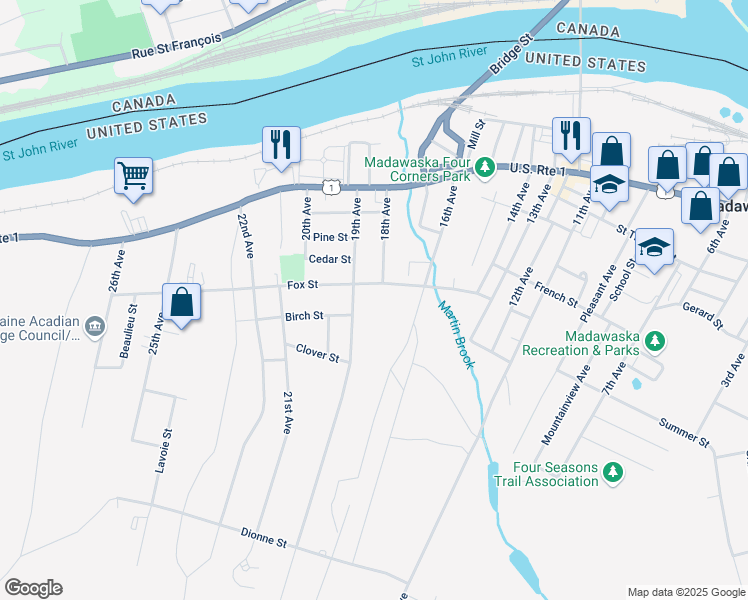 map of restaurants, bars, coffee shops, grocery stores, and more near 182 North Perley Brook Road in Fort Kent