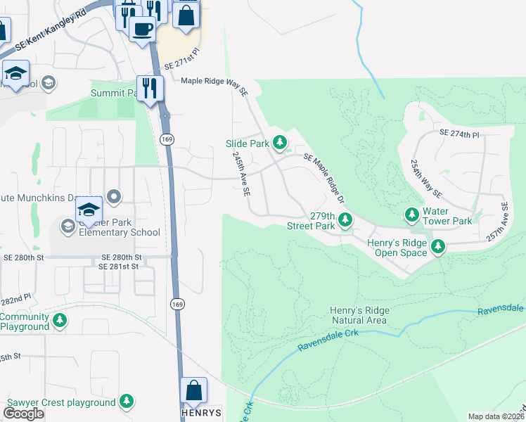 map of restaurants, bars, coffee shops, grocery stores, and more near 24529 Southeast 278th Street in Maple Valley