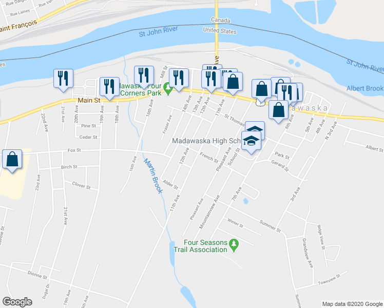 map of restaurants, bars, coffee shops, grocery stores, and more near 339 French Street in Madawaska
