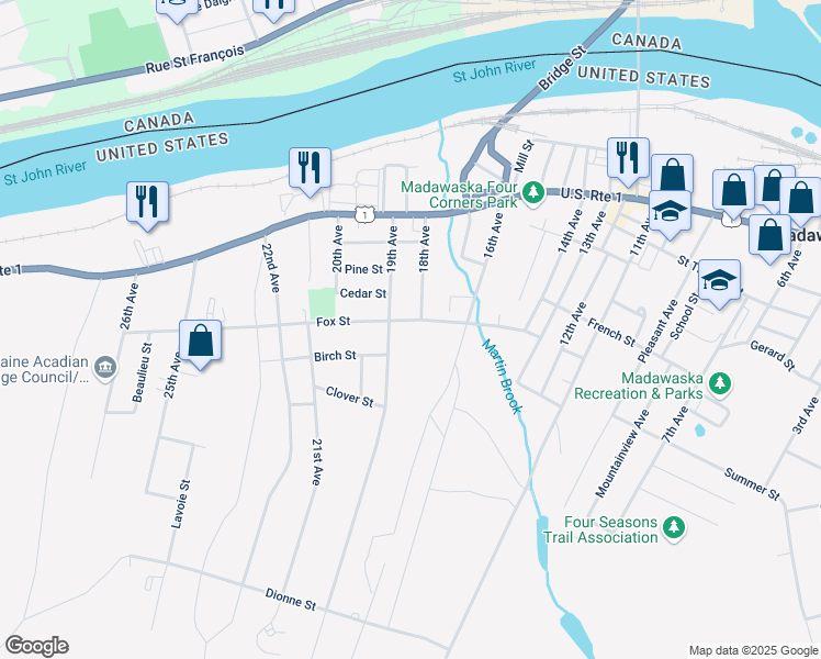 map of restaurants, bars, coffee shops, grocery stores, and more near 182 North Perley Brook Road in Fort Kent