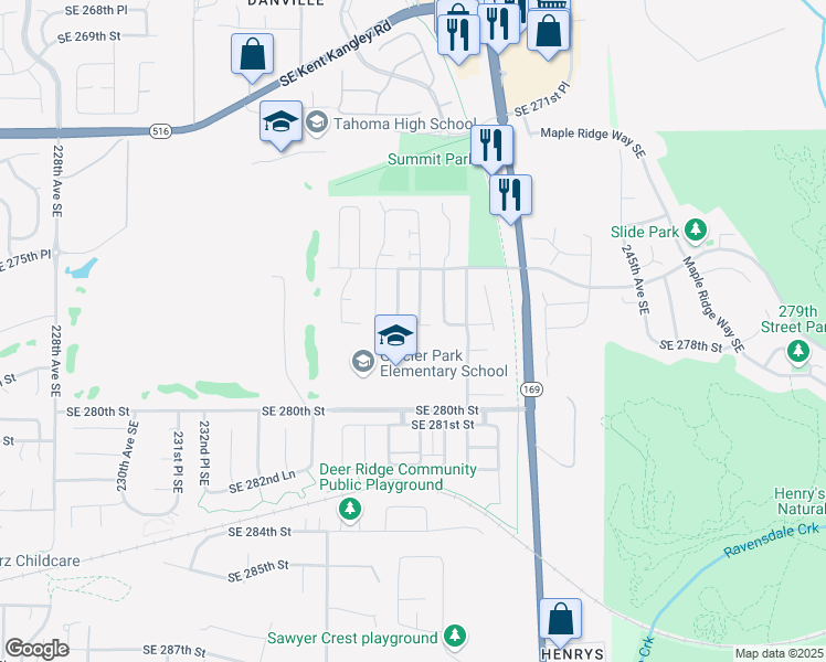 map of restaurants, bars, coffee shops, grocery stores, and more near 27636 238th Place Southeast in Maple Valley