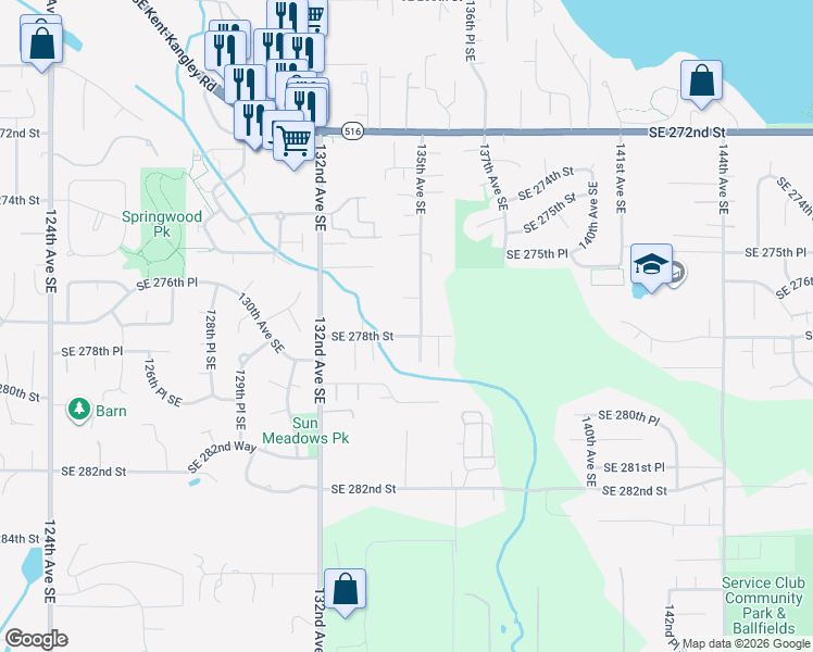 map of restaurants, bars, coffee shops, grocery stores, and more near 27624 135th Avenue Southeast in Kent