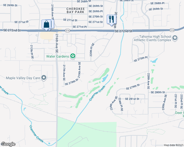 map of restaurants, bars, coffee shops, grocery stores, and more near 27614 220th Court Southeast in Maple Valley