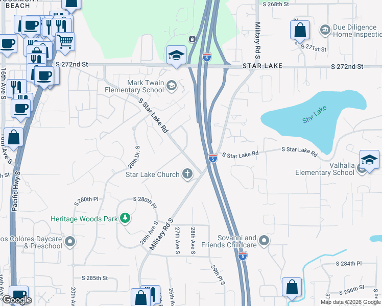 map of restaurants, bars, coffee shops, grocery stores, and more near 27627 27th Avenue South in Federal Way
