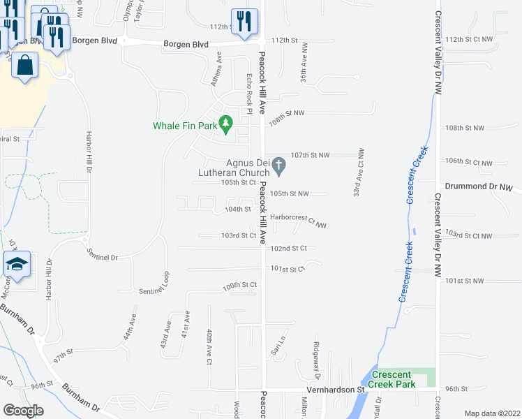 map of restaurants, bars, coffee shops, grocery stores, and more near 3728 105th Street Northwest in Gig Harbor