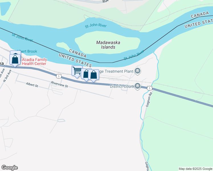 map of restaurants, bars, coffee shops, grocery stores, and more near 596 East Main Street in Madawaska