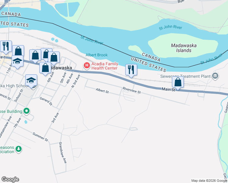 map of restaurants, bars, coffee shops, grocery stores, and more near 508 Riverview Street in Madawaska