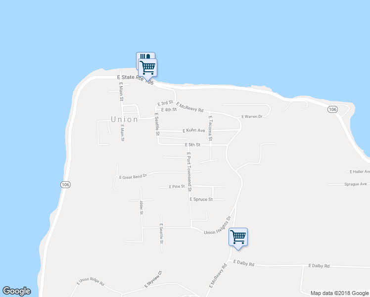 map of restaurants, bars, coffee shops, grocery stores, and more near 20 East Port Townsend Street in Union