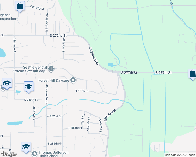map of restaurants, bars, coffee shops, grocery stores, and more near 27836 53rd Place South in Auburn