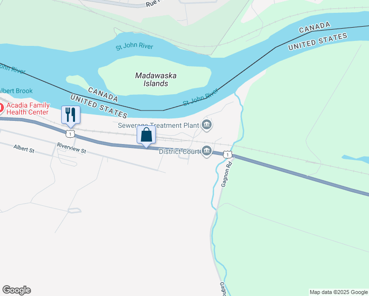map of restaurants, bars, coffee shops, grocery stores, and more near 188 East Main Street in Madawaska