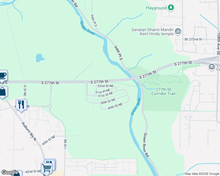 map of restaurants, bars, coffee shops, grocery stores, and more near 1409 51st Place Northeast in Auburn