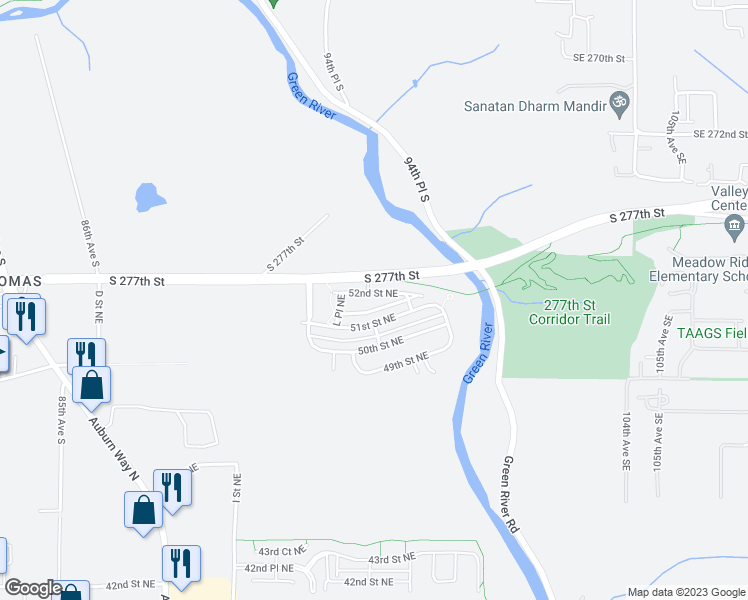 map of restaurants, bars, coffee shops, grocery stores, and more near 1244 51st Place Northeast in Auburn