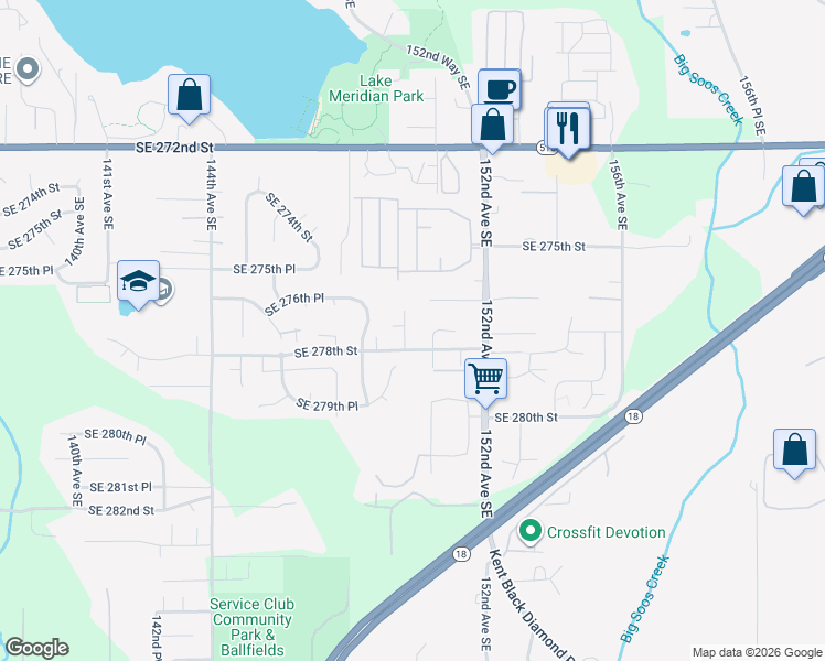 map of restaurants, bars, coffee shops, grocery stores, and more near 27734 149th Place Southeast in Kent