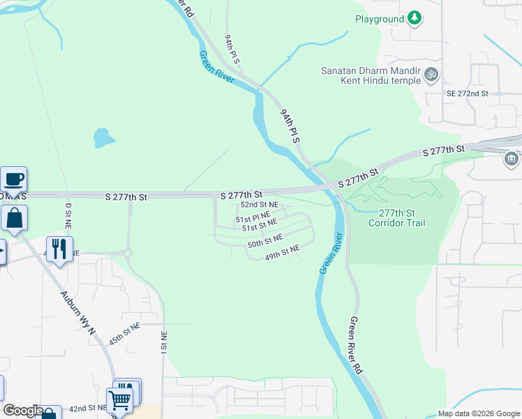 map of restaurants, bars, coffee shops, grocery stores, and more near 1305 52nd Street Northeast in Auburn