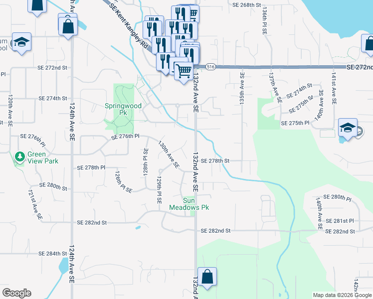 map of restaurants, bars, coffee shops, grocery stores, and more near 13109 Southeast 277th Place in Kent