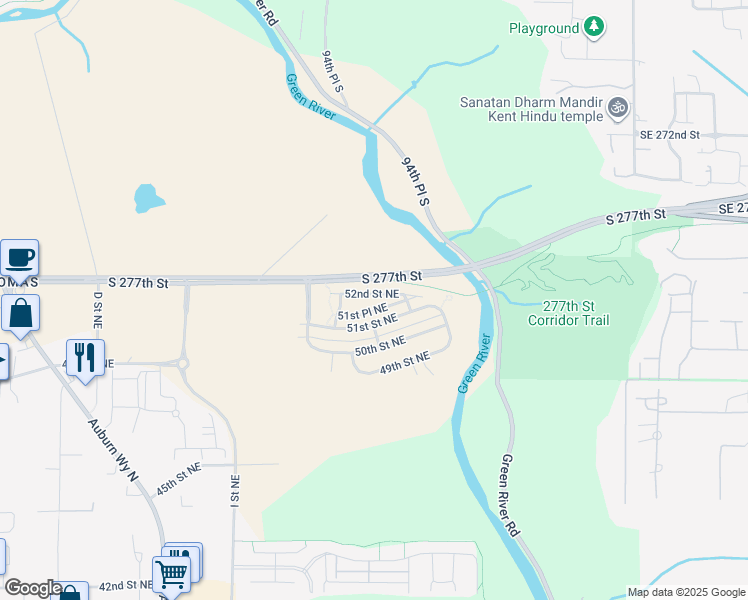 map of restaurants, bars, coffee shops, grocery stores, and more near 1305 52nd Street Northeast in Auburn