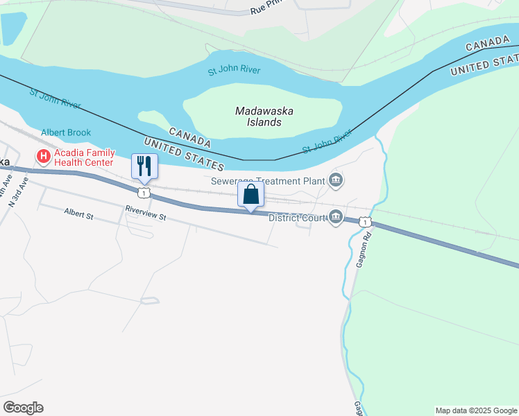 map of restaurants, bars, coffee shops, grocery stores, and more near 596 East Main Street in Madawaska