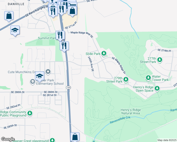 map of restaurants, bars, coffee shops, grocery stores, and more near 24465 Southeast 277th Court in Maple Valley