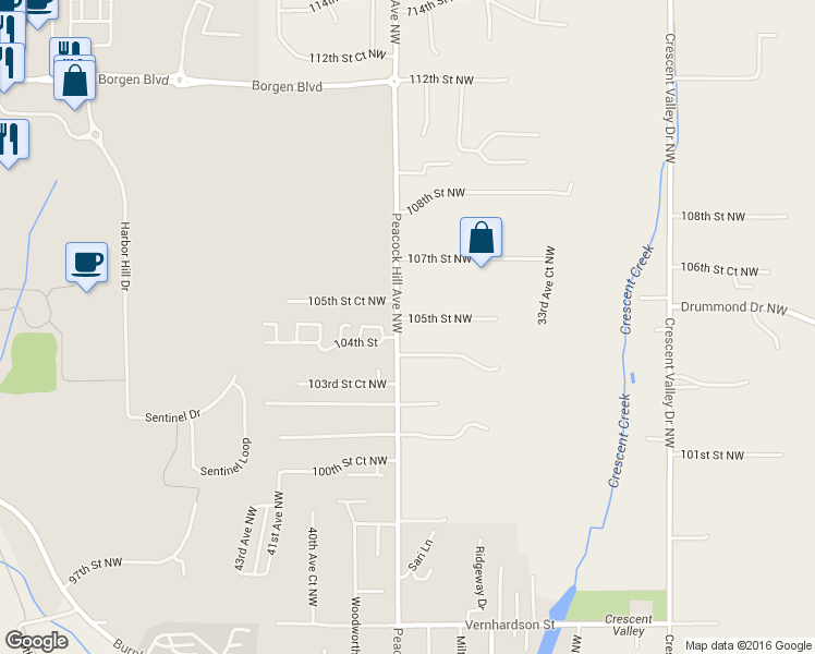 map of restaurants, bars, coffee shops, grocery stores, and more near 3728 105th Street Northwest in Gig Harbor