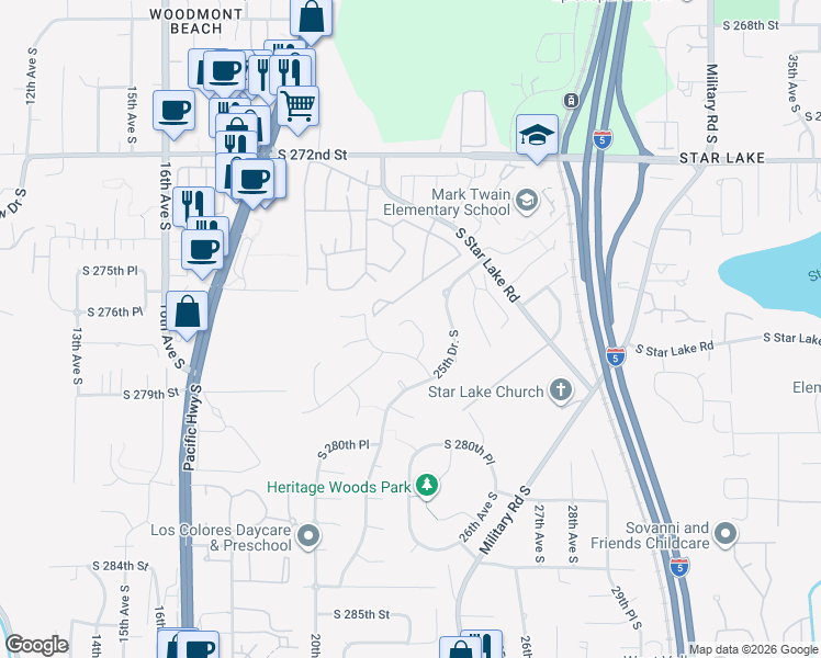map of restaurants, bars, coffee shops, grocery stores, and more near 27729 23rd Avenue South in Federal Way