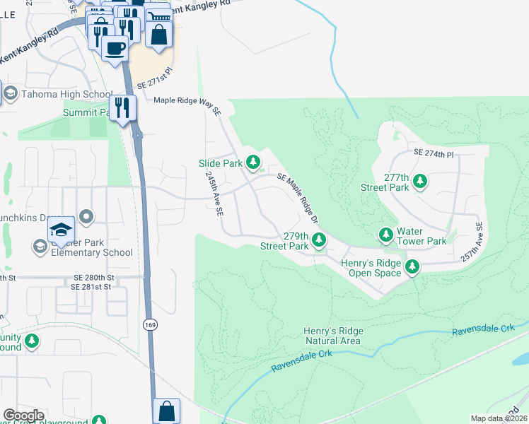map of restaurants, bars, coffee shops, grocery stores, and more near 27714 Maple Ridge Way Southeast in Maple Valley
