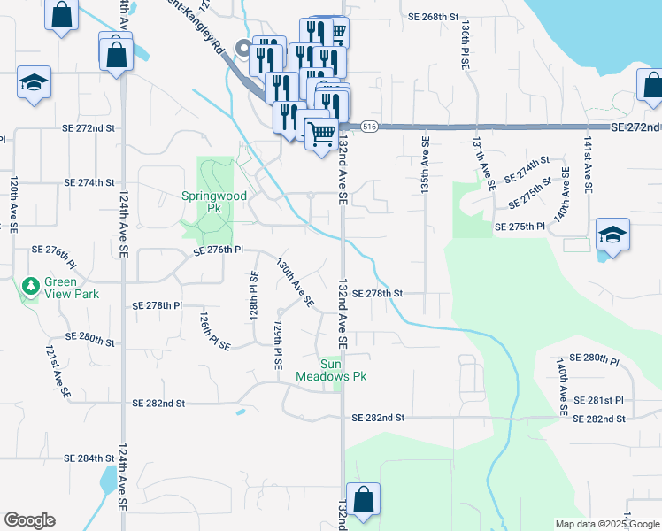 map of restaurants, bars, coffee shops, grocery stores, and more near 13109 Southeast 277th Place in Kent