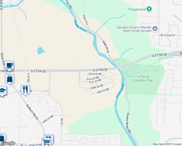 map of restaurants, bars, coffee shops, grocery stores, and more near 1305 52nd Street Northeast in Auburn