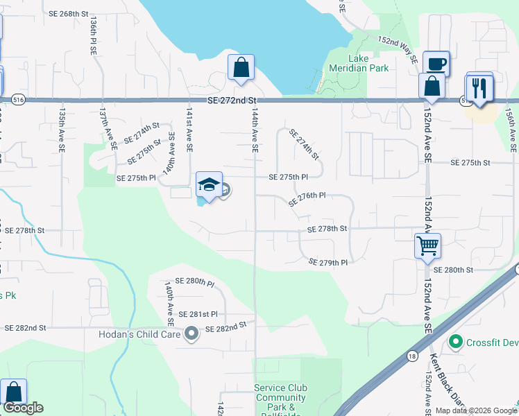 map of restaurants, bars, coffee shops, grocery stores, and more near 27656 144th Avenue Southeast in Kent