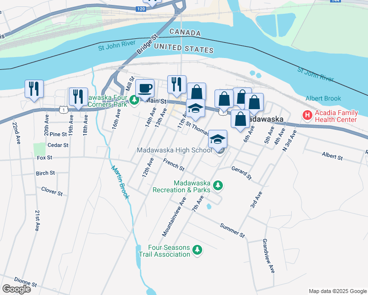 map of restaurants, bars, coffee shops, grocery stores, and more near 339 French Street in Madawaska