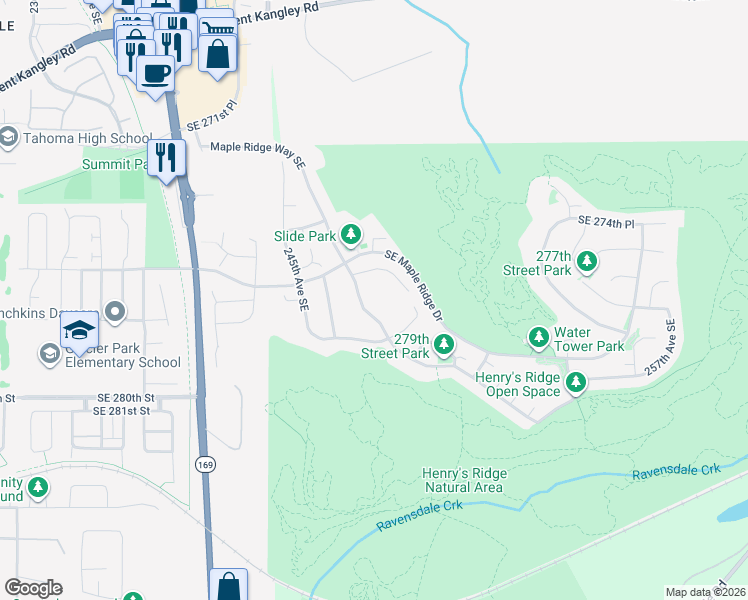map of restaurants, bars, coffee shops, grocery stores, and more near 27714 Maple Ridge Way Southeast in Maple Valley
