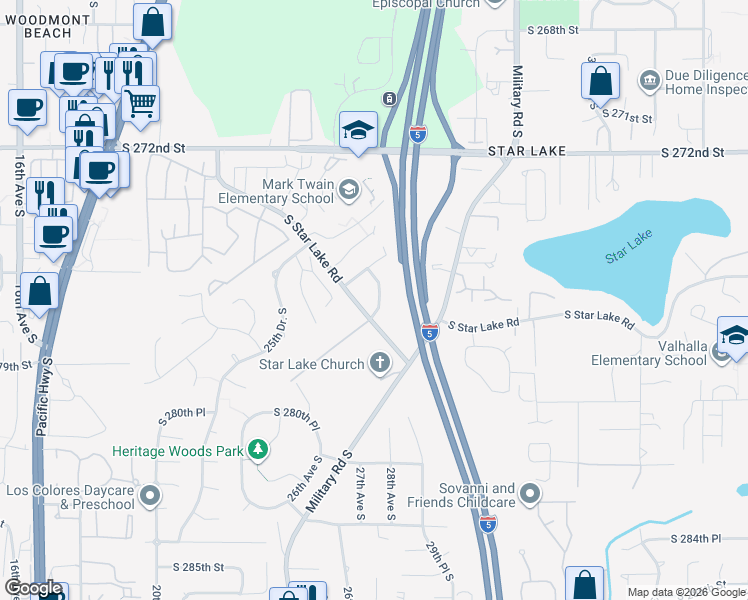 map of restaurants, bars, coffee shops, grocery stores, and more near 27627 27th Avenue South in Federal Way