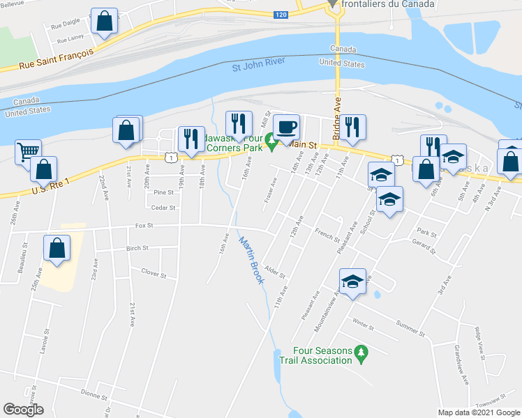 map of restaurants, bars, coffee shops, grocery stores, and more near 147 Fraser Avenue in Madawaska