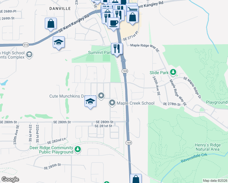 map of restaurants, bars, coffee shops, grocery stores, and more near 27683 241st Avenue Southeast in Maple Valley